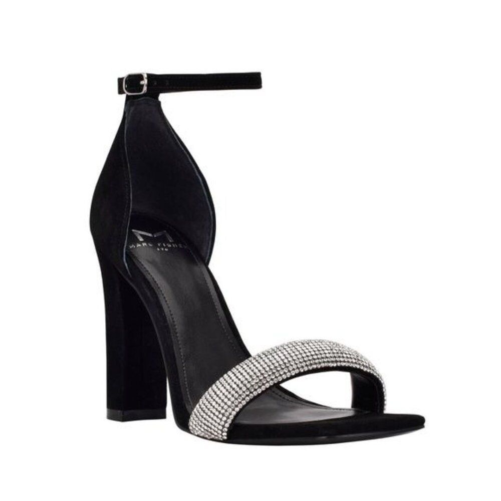 MARC FISHER LTD Angelo Ankle Strap Heeled, Black Suede, 6.5